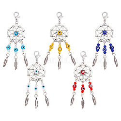 Nbeads 12Pcs Woven Net/Web with Feather Tibetan Style Alloy Pendant Decorations, with Handmade Evil Eye Lampwork Bead & Alloy Lobster Claw Clasps, Clip-on Charms, Mixed Color, 90mm