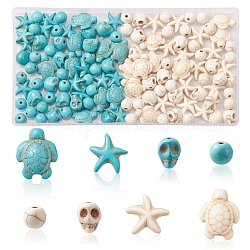 130 pièces 8 styles de perles turquoise synthétiques teintes, crâne et étoile de mer et tortue ronde et de mer, formes mixtes, couleur mixte, 8~18x8~15x5~8mm, Trou: 1mm