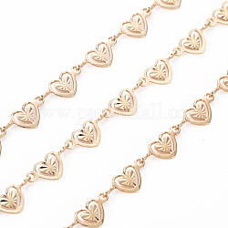 Handmade Brass Link Chains, Soldered, with Spool, Heart, Real 18K Gold Plated, 10x4.5x0.5mm, about 16.4 Feet(5m)/roll