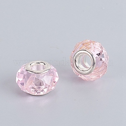 European Beads vetro sfaccettato, perline con foro grande, con argento nucleo tono ottone, rondelle, roso, 13.5~14x8.5~9mm, Foro: 5 mm