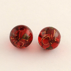 Flower Picture Glass Beads, Round, Dark Red, 10x9mm, Hole: 1.5mm
