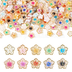 Pandahall 200Pcs 10 Colors Plating Acrylic Cabochons, Golden Metal Enlaced, Flower with Clock, Mixed Color, 9.5x10x2.5mm, 20pcs/color