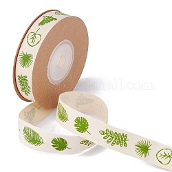 Una sola cara de algodón cinta de raso impresa, verde césped, patrón de hoja, 5/8 pulgada (15 mm), aproximadamente 10.93 yarda (10m0 / rollo