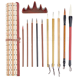 Pandahall Elite 1 Set Kalligraphiepinsel Stiftset, mit 1 Stück aufrollbarem Bambusbürstenhalter, 1 Stück Holzbürstenhalter, für die professionelle Kalligraphie, Mischfarbe, 2~30x0.3~35 cm, 11 Stück / Set