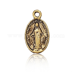 Tibetan Style Virgin Mary Alloy Oval Pendants, Miraculous Medal, Antique Golden, 17.5x10x1mm, Hole: 1.5mm