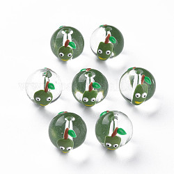 Perles de verre émaillées transparentes, rond avec dessin animé, vert olive foncé, 13.5~14x12~12.5x11.5mm, Trou: 1.6~2mm