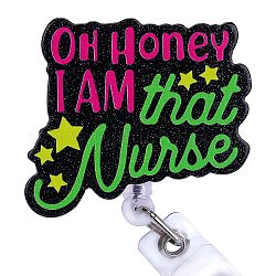 Bobine de badge rétractable en plastique pailleté, détenteurs de la carte, Avec des crochets d'alligator de fer, mot oh chérie, je suis cette infirmière, vert jaune, 93mm, mot: 47.5x55mm