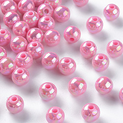 Opaque Acrylic Beads, AB Color Plated, Round, Hot Pink, 8x7mm, Hole: 2mm, about 1745pcs/500g
