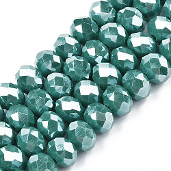 Electroplate Glass Beads Strands, Pearl Luster Plated, Faceted, Rondelle, Dark Cyan, 3.5x3mm, Hole: 0.4mm, about 123~127pcs/strand, 13.7~14.1 inch(35~36cm)