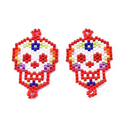 Connecteurs de liens de perles de rocaille faites à la main, avec du fil élastique, motif de tissage, crâne de sucre, pour le jour férié des morts au mexique, rouge, 35~36x22~23x1.5~2mm, Trou: 1.5~2mm