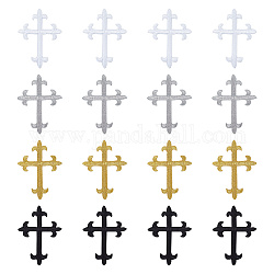 Dicosmétique 16 pièces 4 styles croix fleury polyester broderie fer sur applique patch, couture artisanat décoration, couleur mixte, 95~96x70~72x1mm, 4 pièces / style