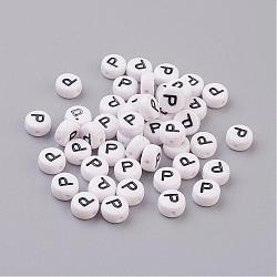 Flat Round with Letter P Acrylic Beads, with Horizontal Hole, White & Black, Size: about 7mm in diameter, 4mm thick, hole: 1mm