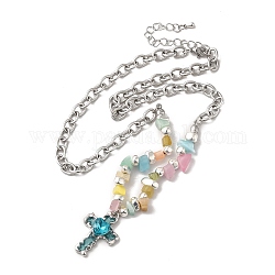 Alloy Glass Cross Pendant Necklace with Cat Eye Chips Beaded Chains, Titanium Steel Jewelry for Women, Colorful, 17.52 inch(44.5cm)