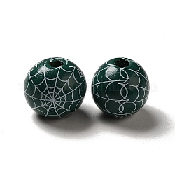 Halloween Printed Spider Webs Colored Wood European Beads, Large Hole Beads, Round, Dark Green, 16mm, Hole: 4mm