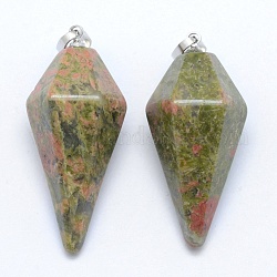 Natural Unakite Pointed Pendants, with Brass Findings, Bullet, Platinum, 38.5x16x14.5mm, Hole: 5x8mm