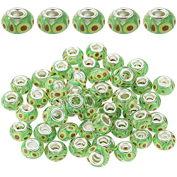 Sunnyclue 透明樹脂ヨーロッパロンデルビーズ 50 個  大穴ビーズ  アボカドポリマークレイとプラチナトーン合金のダブルコアを使用  黄緑  14x8.5mm  穴：5mm