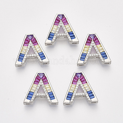 Brass Cubic Zirconia Slide Charms, Real Platinum Plated, Colorful, Letter, Letter.A, 17x19.5x5mm, Hole: 1x2mm and 1x5mm