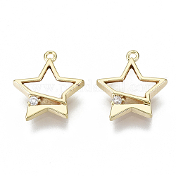 Brass Micro Pave Cubic Zirconia Charms, with Freshwater Shell, Nickel Free, Real 18K Gold Plated, Star, Clear, Creamy White, 12x11.5x2mm, Hole: 0.9mm