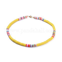 Handmade Polymer Clay Heishi Beaded Necklaces, with Brass Spacer Beads and 304 Stainless Steel Findings, Yellow, 15.9~16.1 inch(40.5~41cm)