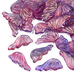 透明スプレー塗装ガラスペンダント  グリッターパウダー付き  蝶の羽  紫色のメディア  24x12.5x4mm  穴：1.4mm