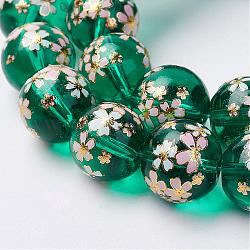 Chapelets de perles vernissées manuelles, Brosserie de photo de fleur, ronde, verte, 11~12mm, Trou: 1mm, Environ 30 pcs/chapelet, 13.31 pouce (33.8 cm)