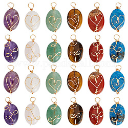 HOBBIESAY 4 Sets 2 Styles Natural Mixed Gemstone Pendants, Oval Charms with Eco-Friendly Light Gold Plated Copper Wire Wrapped, 17.5~20x9~10x4.5~6mm, Hole: 1.8~3mm, 6pcs/set, 2 sets/style