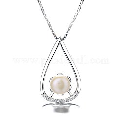 925 Sterling Silver Micro Pava Cubic Zirconia Pendant, with Round Imitation Pearl Beads, Teardrop, Clear, Platinum