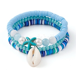 3 pièces 3 styles perles heishi en argile polymère ensembles de bracelets empilables extensibles, avec des perles oeil de chat, perles d'étoiles de mer turquoises synthétiques et perles de coquillages cauris naturels, bleu ciel, diamètre intérieur: 2~2-3/8 pouce (5.2~6.1 cm), 1pc / style