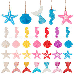Globleland 8 Sets 4 Style Resin Pendant Ornaments, Wall Decor Door Hanging Decoration, with Hemp Rope, Ocean Theme, Shell/Starfish/Whale Tail/Sea Horse Shape, Mixed Patterns, 195~240mm, 7pcs/set, 2 sets/style