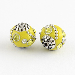 Round Handmade Indonesia Beads, with Alloy Cores, Antique Silver, Yellow, 14x14mm, Hole: 1.5mm