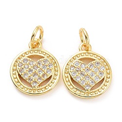 Brass Micro Pave Cubic Zirconia Charms, with Jump Rings, Flat Round with Heart, Light Gold, 13x11x2mm, 10pcs/box