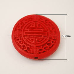 Киноварь бисера, резные лакированные, плоско-круглые, красные, 30x10 мм, отверстие : 2 мм