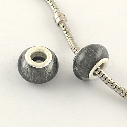 Large Hole Acrylic European Beads, with Silver Tone Brass Double Cores, Rondelle, Gray, 14x9mm, Hole: 5mm