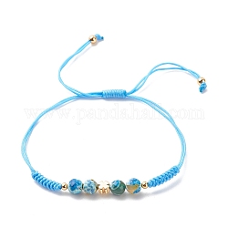 Bracciale in corda di agata naturale e trifoglio di ottone con perline, braccialetto regolabile intrecciato con pietre preziose per le donne, cielo blu profondo, diametro interno: 7/8~3-5/8 pollice (2.1~9.3 cm)