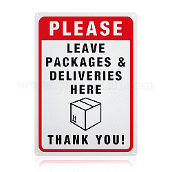GLOBLELAND Please Leave Packages and Deliveries Here Sign, 14x10 inches 40 Mil Aluminum Caution Signs Indoor or Outdoor Use for Home or Business, Reflective UV Protected, Waterproof