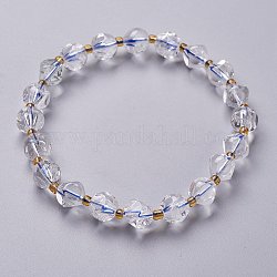 Faceted Natural Quartz Crystal Stretch Beaded Bracelets, with Glass Beads, Six Sided Celestial Dice, Inner Diameter: 2~2-3/8 inch(5.1~6cm)