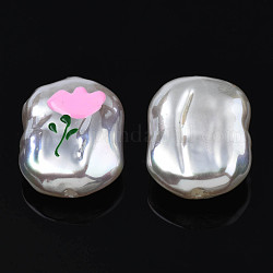 Abalorios de imitación de plástico ABS, con esmalte, ovalada con flores, rosa perla, 21x15x7~8mm, agujero: 1.2 mm