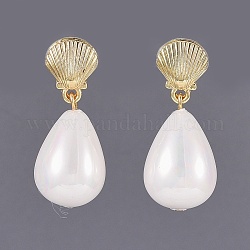Borchie orecchini di perle conchiglia conchiglia, con risultati di orecchini in lega e scatole di cartone, oro, 31~32mm, ciondoli:21x13mm, ago :0.7mm