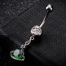 Piercing Jewelry, Brass Cubic Zirconia Navel Ring, Belly Rings, with 304 Stainless Steel Bar, Cadmium Free & Lead Free, Planet, Platinum, Dark Green, 39x12mm, Bar: 15 Gauge(1.5mm), Bar Length: 3/8