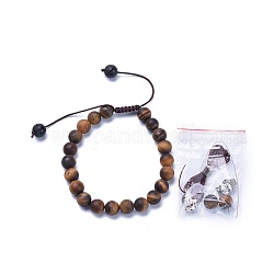 Nylon réglable bracelets cordon tressé, avec des perles naturelles en oeil de tigre et des perles en alliage de tête de Bouddha, cordon en caoutchouc creux, boite d'emballage, 2 pouce ~ 3-1/8 pouces (5~8 cm)