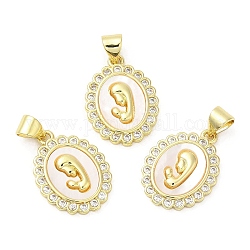 Brass Pave Cubic Zirconia  Pendants, with Shell, with Jump Ring, Long-Lasting Plated, Lead Free & Cadmium Free, Oval, Real 18K Gold Plated, 19x14x3mm, Hole: 4.5x3.5mm