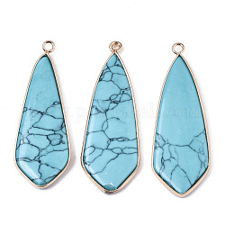 Synthetic Turquoise Pendants, with Light Gold Plated Brass Edge and Loop, Teardrop, 49x18x4.5mm, Hole: 2.5mm