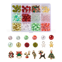 Biyun diy kit de búsqueda para hacer joyas navideñas, incluyendo plástico, acrílico, arcilla polimérica, rhinestone y cuentas de resina, Colgantes de esmalte de aleación de regalo de Navidad y campana y árbol, color mezclado, 212 unidades / caja