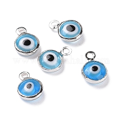 Breloques vernissées de mauvais œil manuelles, avec les accessoires en laiton, plat rond, bleu, Platine plaqué réel, 10x6.5x3mm, Trou: 1.5mm