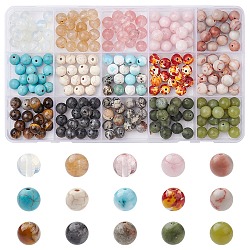 225 pièces 15 styles ensemble de perles de pierres précieuses naturelles et synthétiques mélangées, ronde, mélangé teint et non teint, 7~8mm, Trou: 0.8~1.5mm, 15 pièces / style