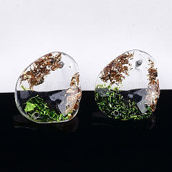 Boucle d'oreille en résine transparente, avec feuille d'or et des épingles de fer, larme, verte, 18.5x16.5mm, Trou: 1.8mm, pin: 0.7 mm