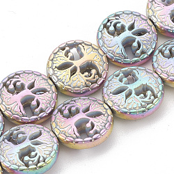 Chapelets de perles en hématite synthétique sans magnétiques, plat et circulaire avec arbre de vie, multi-couleur plaquée, 12~12.5x4~4.5mm, Trou: 1mm, Environ 32 pcs/chapelet, 16.14 pouce