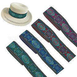 Fingerinspire 14m 4 colores estilo étnico bordado cinta de poliéster, Accesorios de la ropa, patrón floral, con lazos de alambre metálicos 4pcs, color mezclado, 33mm, 3.5 m / color