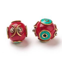 Rotonde perline stile tibetano handmade, con accessori di ottone, oro antico, rosso scuro, 16x17x17mm, Foro: 2 mm