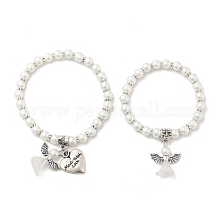 Schönen Hochzeitskleid Engel-Schmuck-Sets für Mutter und Tochter, Stretch-Armbänder, mit Glas-Perlen und tibetischen Stil Perlen, weiß, 45 mm und 55 mm Innendurchmesser